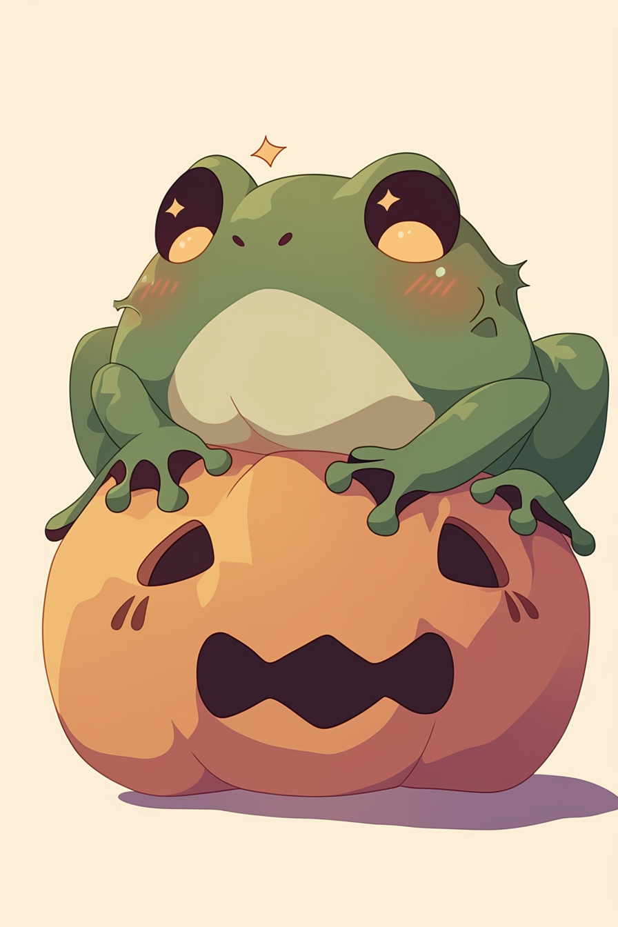 Halloween frog drawing ideas 2 showing a cute frog sitting atop a carved pumpkin with a surprised expression.